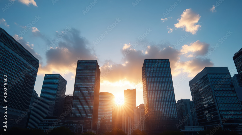 Obraz premium Sunset over modern skyscrapers creates stunning silhouette against sky