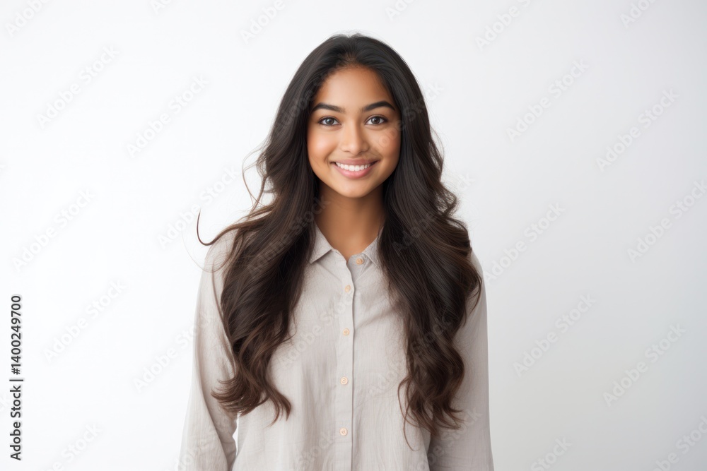 Happy Indian girl standing at home with long flowing hair wearing a casual dress Isolated on white background Happy Indian girl standing at home with long flowing hair wearing a casual dress Isolated on white background