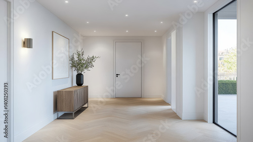 Wallpaper Mural modern hallway featuring soft wall lights, herringbone flooring, and minimalist design Torontodigital.ca