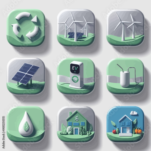 Green energy icons: wind turbines, solar panels, recycling, EV charging