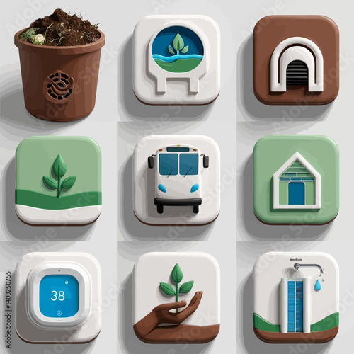 Environmental Icons: Plant Pot, Water, Ventilation, Leaf, Bus, Home, Thermostat, Hand, Water