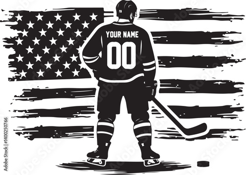 "American Hockey Player Silhouette SVG | Custom Jersey Number & Flag Background"