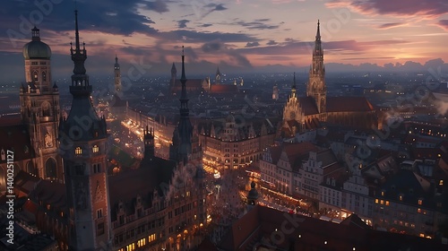 Breathtaking Aerial View of Historic City Center at Dusk with Vibrant Sky and Twinkling Lights