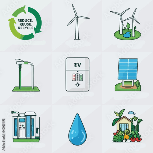 Green Energy Icons: Wind Turbines, Solar Panel, EV Charger, Recycling Symbol