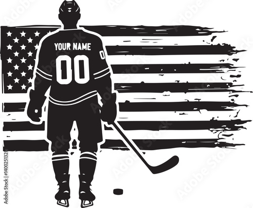 "American Hockey Player Silhouette SVG | Custom Jersey Number & Flag Background"