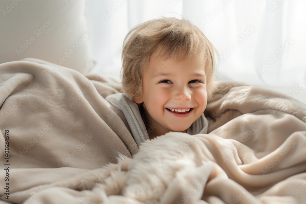A child sitting up in bed, stretching with a happy expression, Isolated on white background A child sitting up in bed, stretching with a happy expression, Isolated on white background