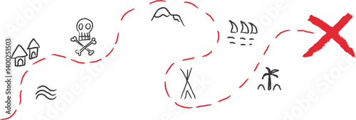 Treasure map element. A dashed line and red X mark ink on the map, the treasure map with a dotted line, X marks the spot, dashed line to an X, red ink