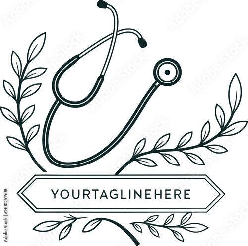 Square Icon with Green Leaf Herbal Medical Doctor's Stethoscope