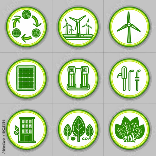 Green Energy Icons Illustrating Renewable Resources and Sustainable Practices