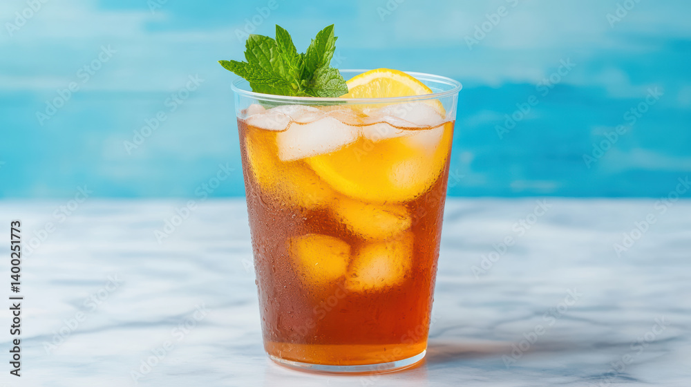 Obraz premium Refreshing iced tea with lemon and mint served in clear cup on marble surface
