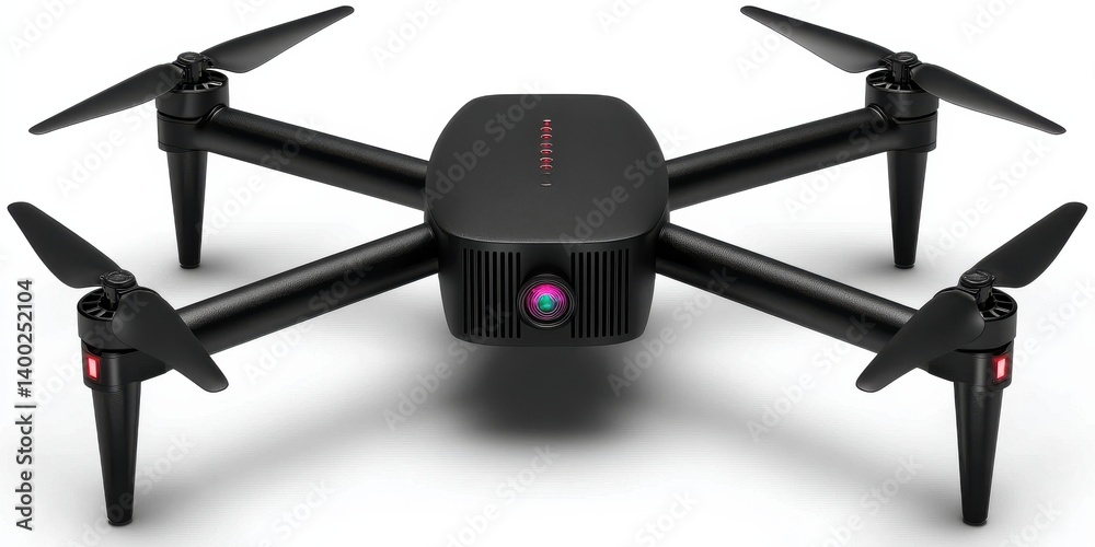 Black quadcopter drone captured in front view hovering with camera module visible and legs retracted isolated on white background with high tech compact aviation layout