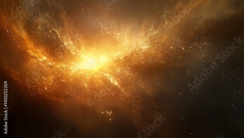 Fiery cosmic nebula explosion in deep space.  Intense golden-orange energy radiating outward through swirling cosmic dust clouds