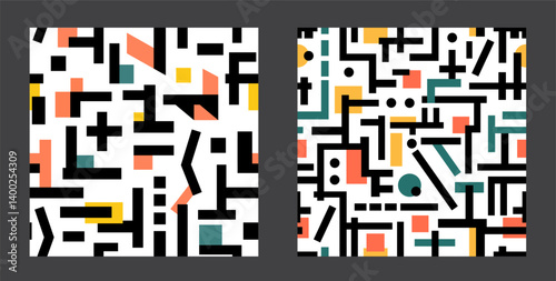 Set of bright abstract modern seamless patterns in the style of geometry and cubism. Design for wrapping, backgrounds, printing on fabric and textiles in extravagant style, for children and holidays