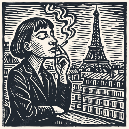 Black and white woodcut vector of a woman smoking on a Paris balcony with the Eiffel Tower view. Linocut style engraving illustration.