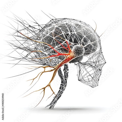 3D Wireframe Brain and Skull with Nerve Highlight. Neurology Concept Isolated on White Background

