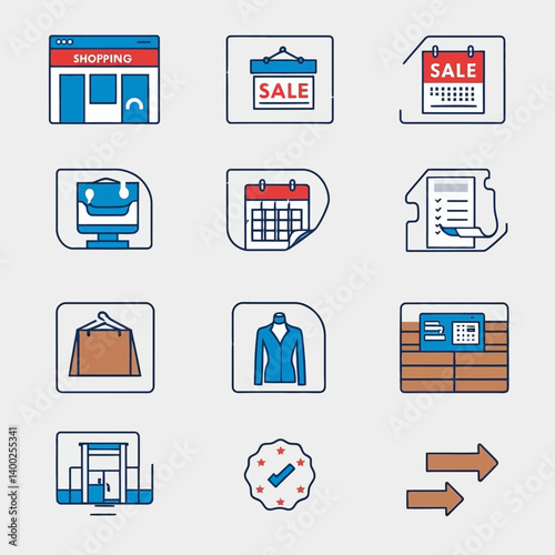 E-commerce Icons Showcasing Online Shopping, Sales, and Retail Processes