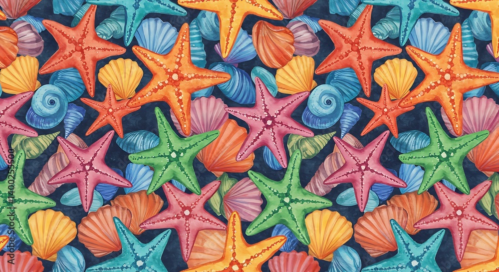 Fototapeta premium Vibrant Watercolor Seashells and Starfish: A Joyful Ocean Dreamscape AI Generated