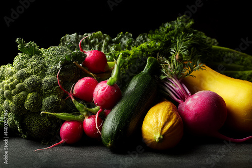 Close-up of fresh broccoli, radishes, zucchini, and squash. Vibrant colors and water droplets showcase freshness, representing healthy eating and natural goodness