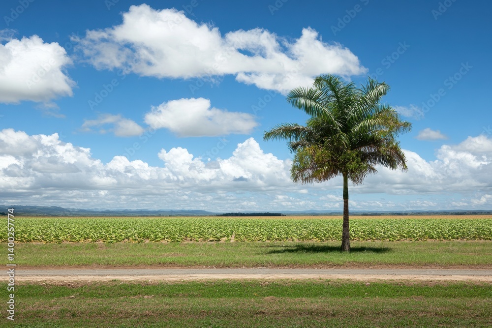 Serene tropical landscape featuring a solitary palm tree under a vibrant blue sky with fluffy white clouds and a field Serene tropical landscape featuring a solitary palm tree under a vibrant blue sky with fluffy white clouds and a field