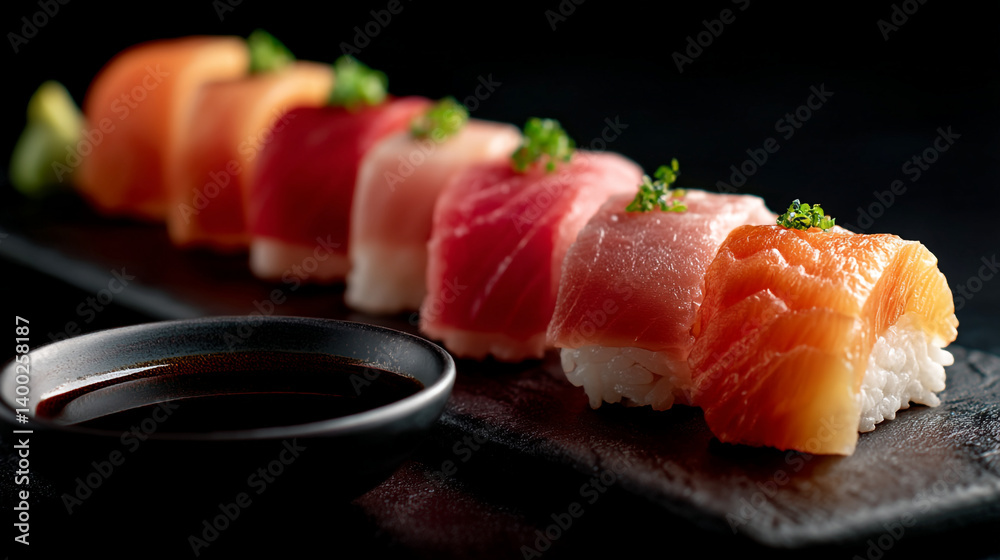 Delicious nigiri sushi platter with salmon tuna and soy sauce for japanese food lovers and sushi restaurants Delicious nigiri sushi platter with salmon tuna and soy sauce for japanese food lovers and sushi restaurants