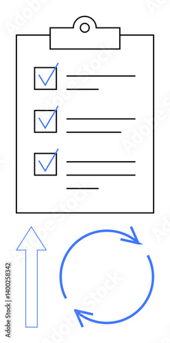 Checklist clipboard with marked tasks, upward arrow, and circular arrows for workflow and progress. Ideal for task management, productivity, project planning, organization, efficiency, workflow goal