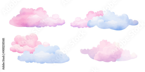 Set of watercolor clouds in pink and blue. Delicate children design for wallpaper, fabric, textile and wrapping. Dreamy and airy style for cards, childrens things and holidays