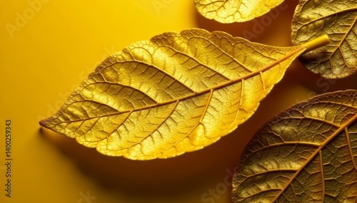 Close-up of shiny yellow leaf with dark gold foil texture background, glossy, abstract