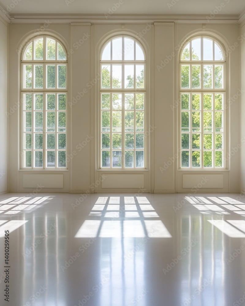 Three arched windows casting geometric shadows on a polished floor in a bright minimalist interior space light and airy atmosphere Three arched windows casting geometric shadows on a polished floor in a bright minimalist interior space light and airy atmosphere