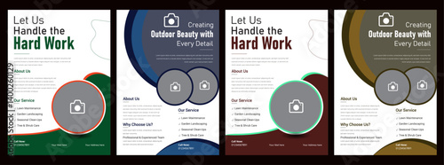 Tired man standing by lawnmower in garden Lawn and gardening service flyer design template. Tree and gardening service poster leaflet design. lawnmower flyer template Tree and gardening service poster
