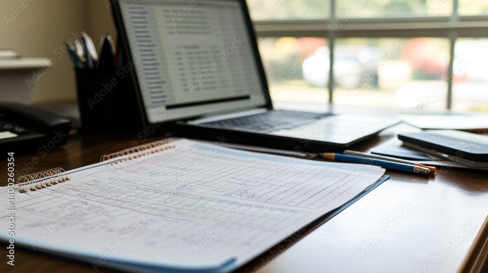 Home Office Workspace: Laptop, Documents, and Pens on Wooden Desk Home Office Workspace: Laptop, Documents, and Pens on Wooden Desk