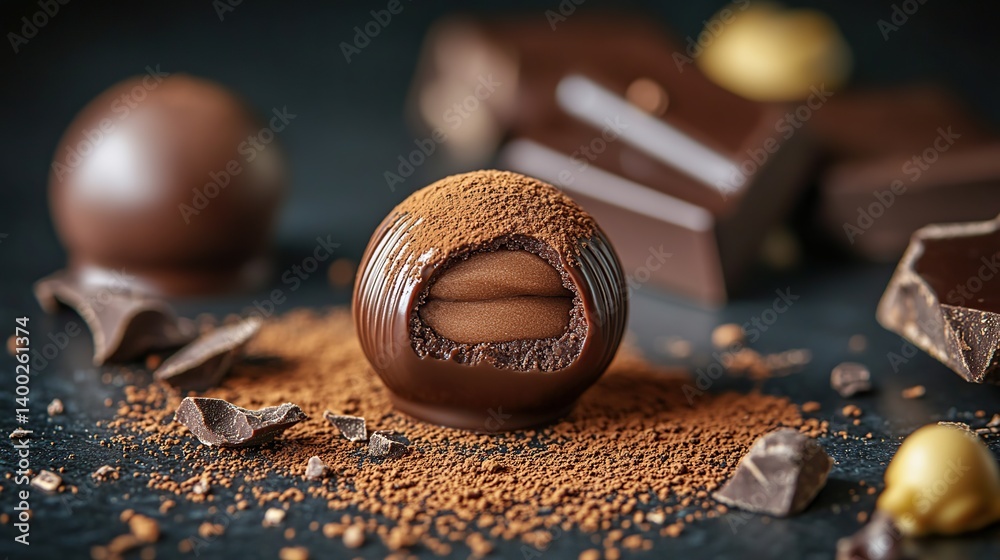 Dark chocolate truffle with a fine cocoa dusting, creamy and smooth chocolate center
