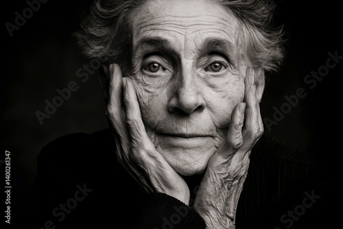 Close-up black and white portrait of elderly woman, hands gently supporting her face, conveying wisdom, age, and contemplation