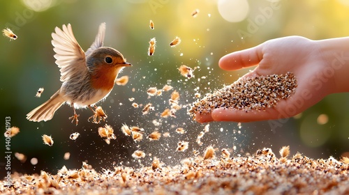 Fototapeta Naklejka Na Ścianę i Meble -  Robin feeding a beautiful moment of nature