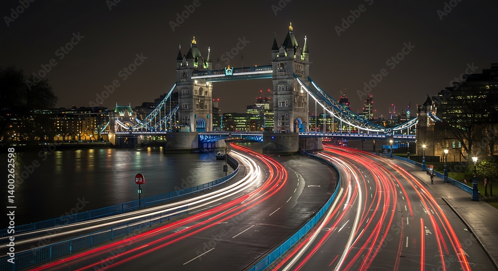 Obraz premium Night Lights Across The Thames Cityscape Symphony In Motion London Bridge Light Trails Tower Bridge Night Drive Illuminated Cityscape Streaks Of Light And Shadow AI Generated
