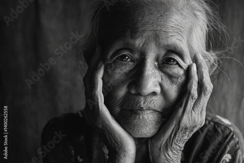 Close-up black and white portrait of elderly woman, hands gently cupping face, showing age and wrinkles, conveying reflection and life experience