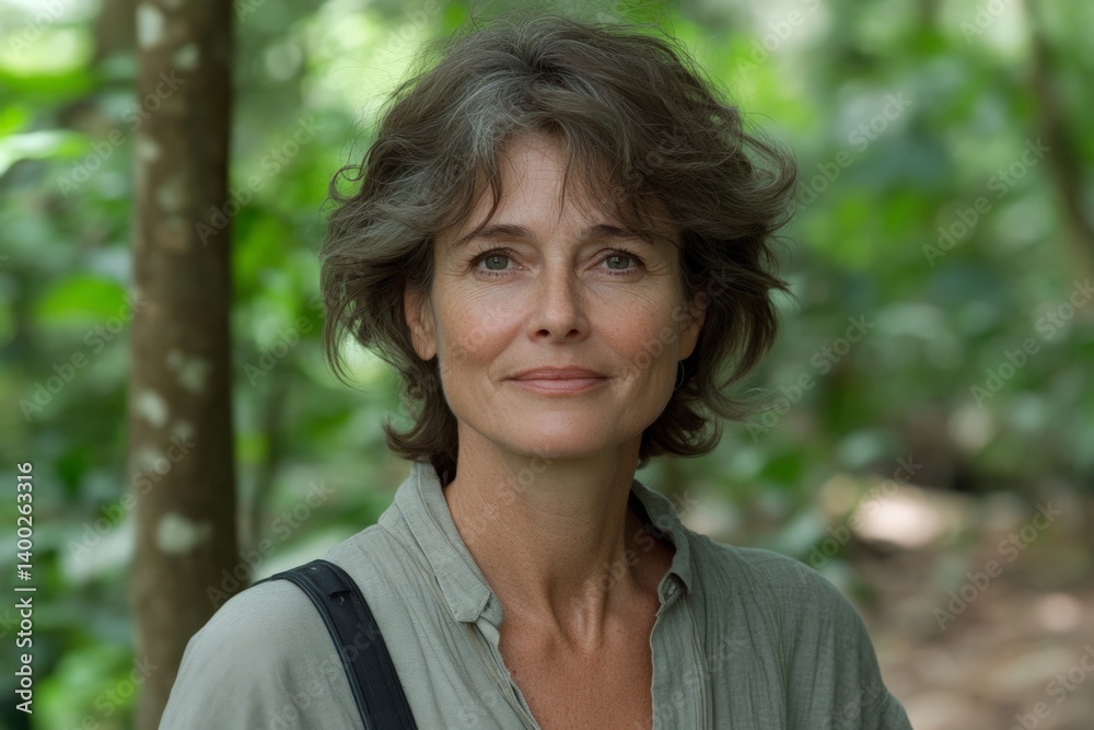 Mature caucasian female with short hair smiling in lush green forest environment Mature caucasian female with short hair smiling in lush green forest environment
