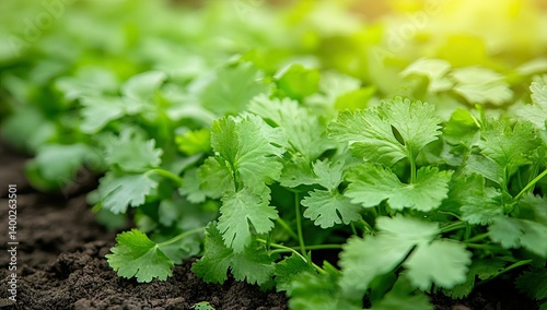 Lush green cilantro plants thriving in rich soil. basking in sunlight. with a blurred garden backdrop. perfect for culinary and gardening stock imagery
