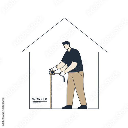 Construction Worker Measuring Inside a House