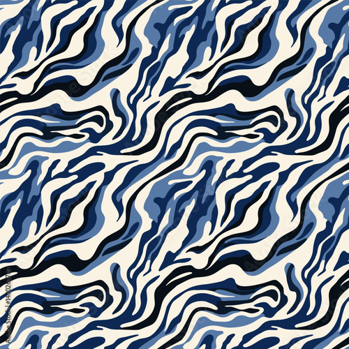 Seamless abstract wave patterns in Japanese Asian style. Modern minimalist blue ornament for spa advertising, traditional fabric, wrapper printing, wallpaper, backdrops and textiles