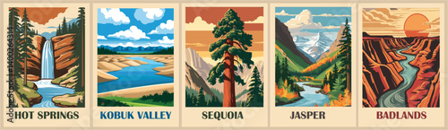 A collection of posters featuring various national parks and mountain ranges. The postcards are arranged in a grid and include Sequoia, Hot Springs, Jasper, Badlands
