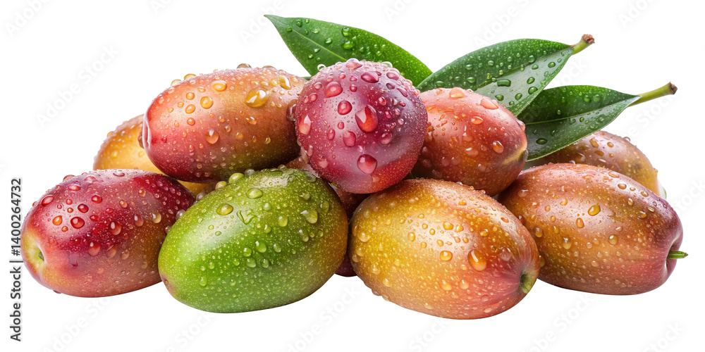 Closeup of a Pile of Juicy Fresh Elaeagnus Multiflora Fruits with Water Droplets and Green Leaves Closeup of a Pile of Juicy Fresh Elaeagnus Multiflora Fruits with Water Droplets and Green Leaves