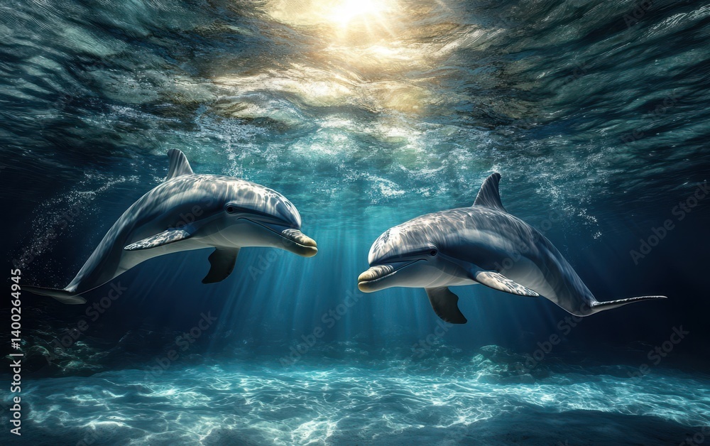 Fototapeta premium Dolphins glide through sunlit ocean waters, showcasing their grace and beauty.