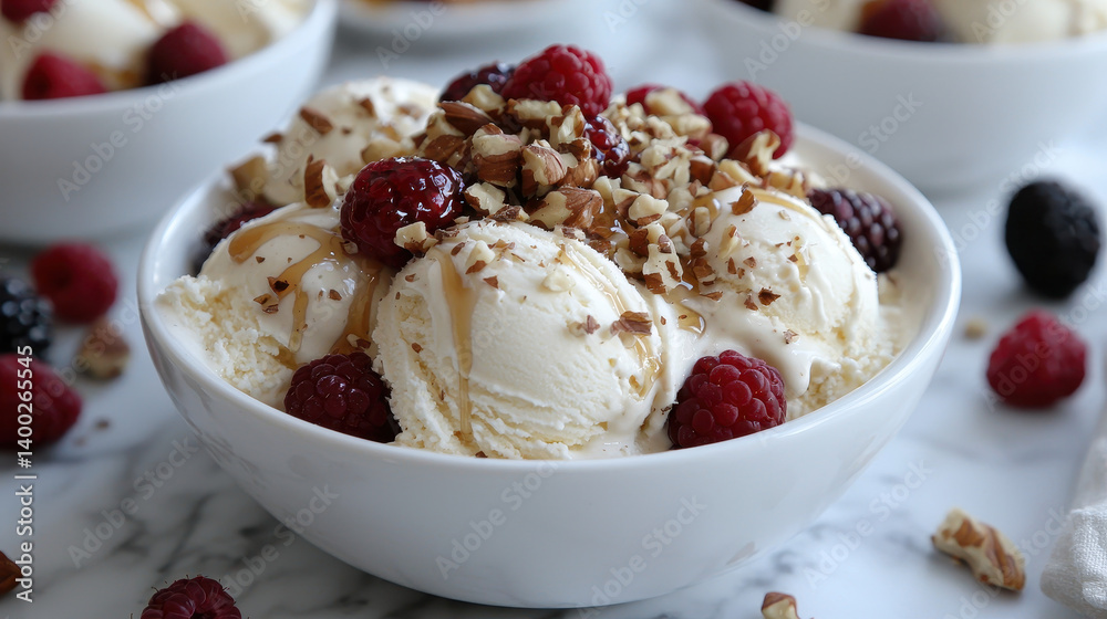 Creamy coconut milk ice cream bowl topped with fresh berries and nuts for a healthy dessert choice Creamy coconut milk ice cream bowl topped with fresh berries and nuts for a healthy dessert choice