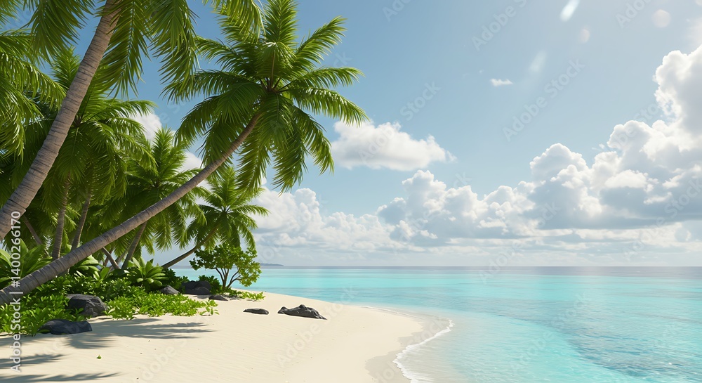 Obraz premium Tropical Paradise: Sun-Drenched Beach, 3D Render AI Generated