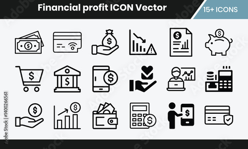 A set of Financial profit web icons in line style. Statistical science data information. Containing financial profit graph, database, statistics, chart. Taxes and accounting line icons collection.