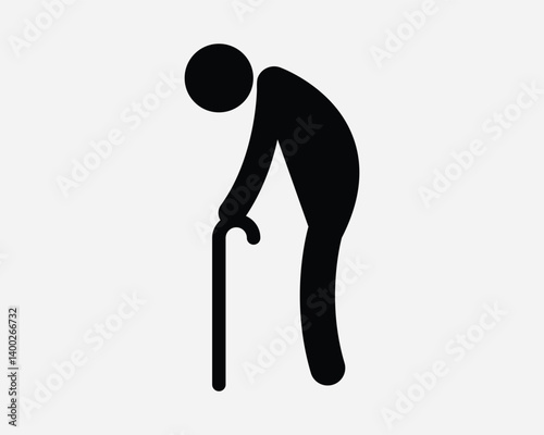 Old Person Using Walking Cane Elderly Human Man Stick Figure People Stand Walk Frail Ill Week Support Grandfather Aged Black Outline Shape Vector Icon