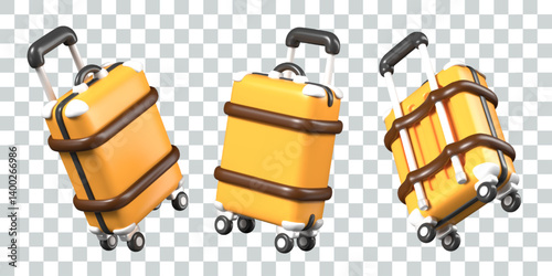 Suitcase with wheels and sliding handle. Vector luggage in different positions. Modern tourist device. Set of isolated elements for dynamic concepts of recreation, vacation