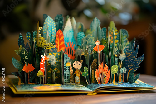 Open book with a pop up forest and paper figures