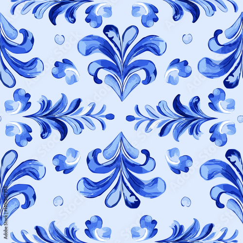 Seamless pattern with plant patterns in the Baroque or antique Rococo style in rich blue on a light background. Refined plant ornament for wallpaper, backdrops, printing on fabric and textiles