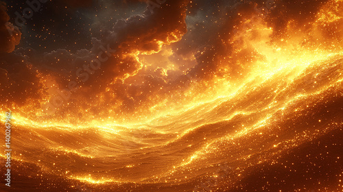 Luminous golden energy flowing in a cosmic, cloud-like formation.